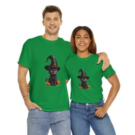 - Halloween T-shirt - Witch Black Cat Halloween Unisex Heavy Cotton Tee AI Generative - NoowAI Shop