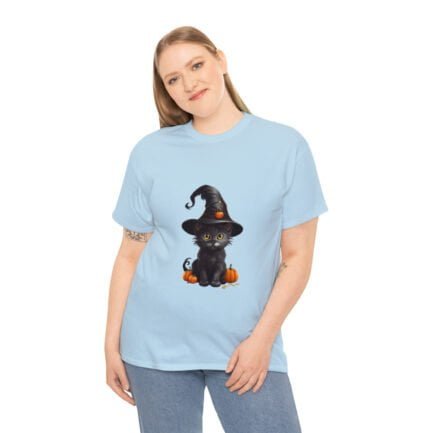 - Halloween T-shirt - Witch Black Cat Halloween Unisex Heavy Cotton Tee AI Generative - NoowAI Shop