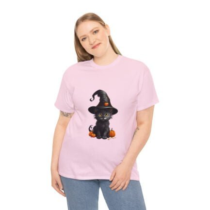 - Halloween T-shirt - Witch Black Cat Halloween Unisex Heavy Cotton Tee AI Generative - NoowAI Shop