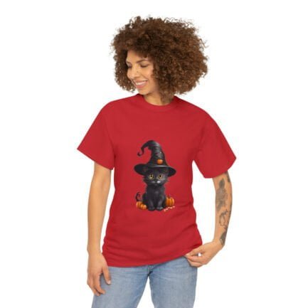 - Halloween T-shirt - Witch Black Cat Halloween Unisex Heavy Cotton Tee AI Generative - NoowAI Shop