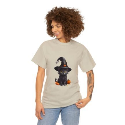 - Halloween T-shirt - Witch Black Cat Halloween Unisex Heavy Cotton Tee AI Generative - NoowAI Shop