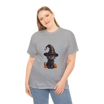 - Halloween T-shirt - Witch Black Cat Halloween Unisex Heavy Cotton Tee AI Generative - NoowAI Shop