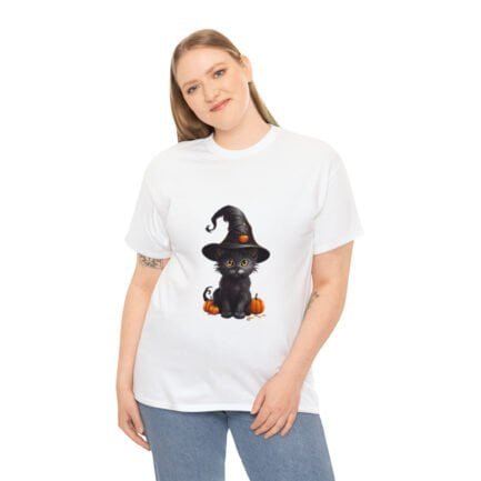 - Halloween T-shirt - Witch Black Cat Halloween Unisex Heavy Cotton Tee AI Generative - NoowAI Shop