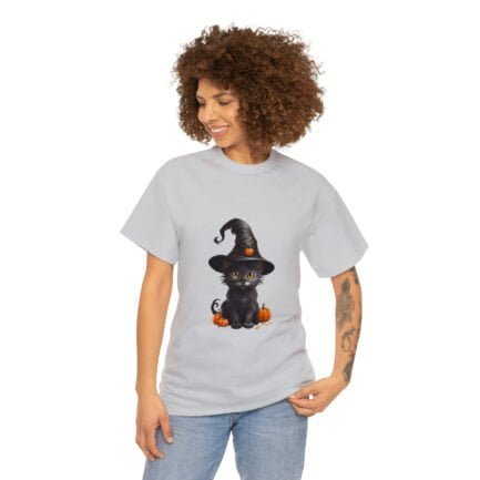 - Halloween T-shirt - Witch Black Cat Halloween Unisex Heavy Cotton Tee AI Generative - NoowAI Shop