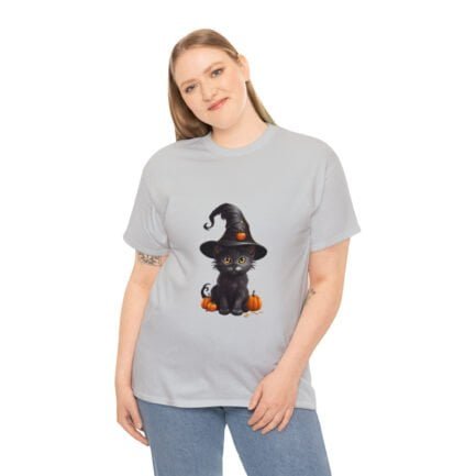 - Halloween T-shirt - Witch Black Cat Halloween Unisex Heavy Cotton Tee AI Generative - NoowAI Shop