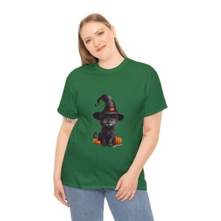 - Halloween T-shirt - Witch Black Cat Halloween Unisex Heavy Cotton Tee AI Generative - NoowAI Shop