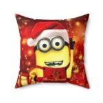 Minions Xmas Pillow – Spun Polyester Square Pillow with Minions Merry Christmas Red Yellow