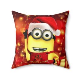 Minions Xmas Pillow – Spun Polyester Square Pillow with Minions Merry Christmas Red Yellow
