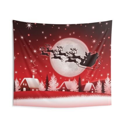 - Christmas Indoor Wall Tapestries - Santa Claus rides a reindeer, Red BG with houses and snow - NoowAI Shop