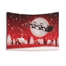 Christmas Indoor Wall Tapestries – Santa Claus rides a reindeer, Red BG with houses and snow