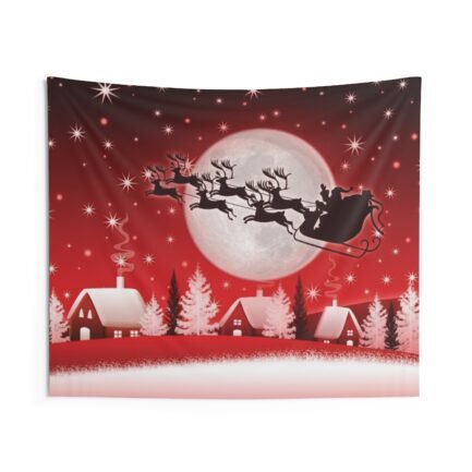 - Christmas Indoor Wall Tapestries - Santa Claus rides a reindeer, Red BG with houses and snow - NoowAI Shop