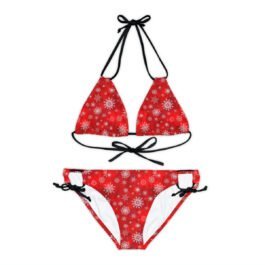 womens christmas swimsuit – Strappy Bikini Set with Christmas Patten Red BG