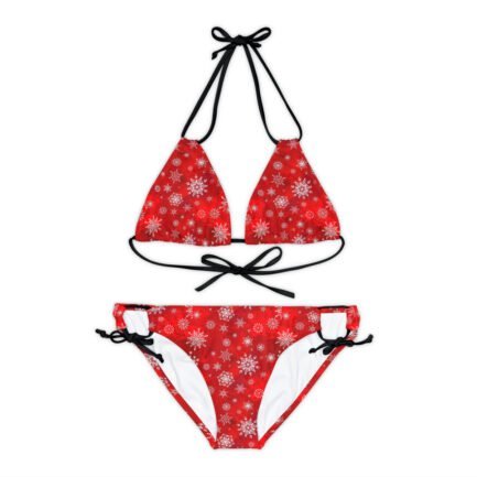 - womens christmas swimsuit - Strappy Bikini Set with Christmas Patten Red BG - NoowAI Shop